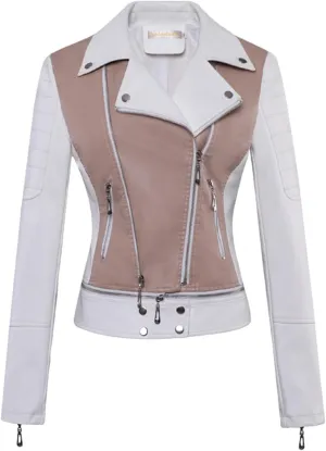 Women's Lapel Faux Leather Short Slim-Fit Outerwear Moto Jacket Zip Up Biker Coat