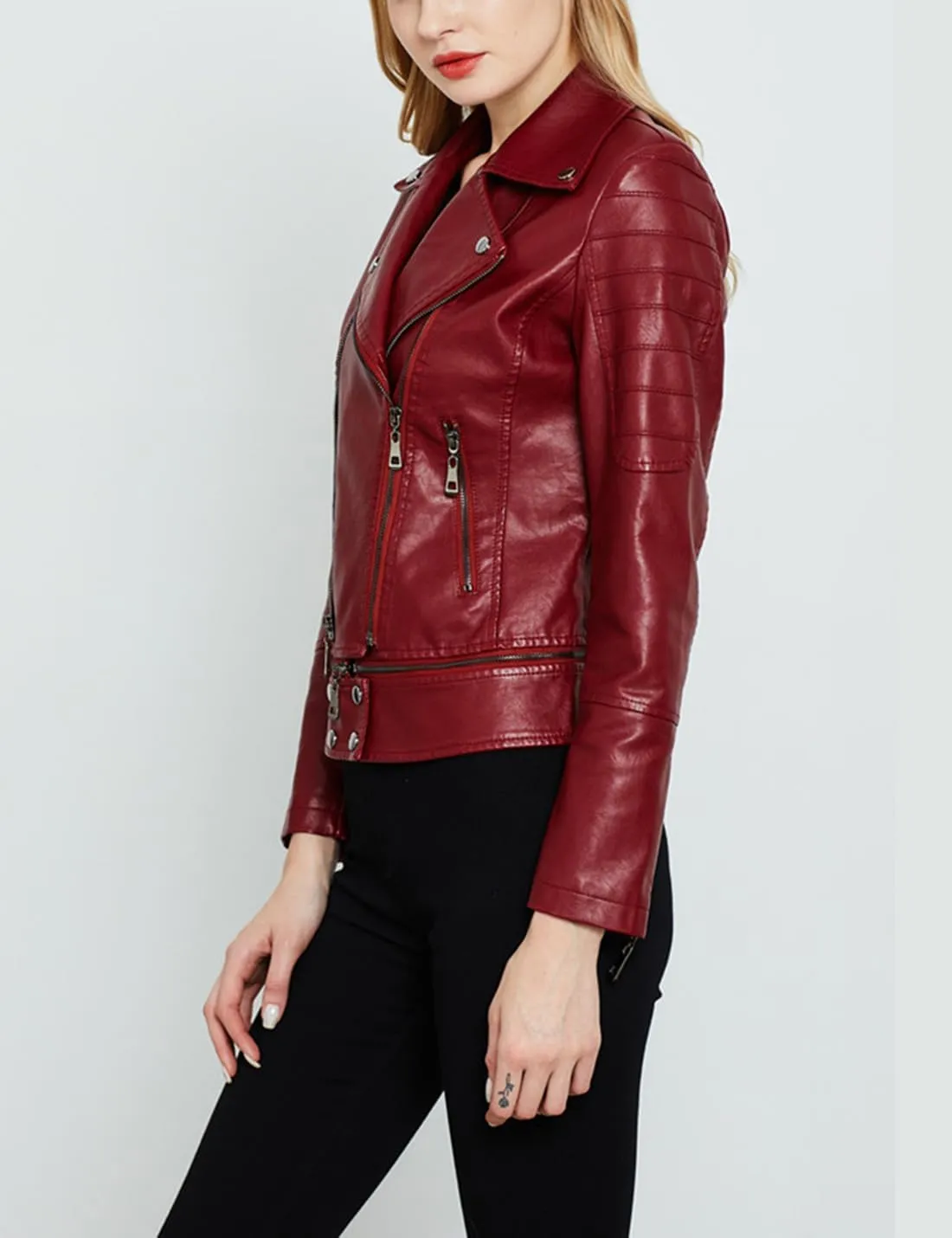 Women's Lapel Faux Leather Short Slim-Fit Outerwear Moto Jacket Zip Up Biker Coat