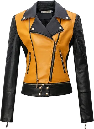 Women's Lapel Faux Leather Short Slim-Fit Outerwear Moto Jacket Zip Up Biker Coat