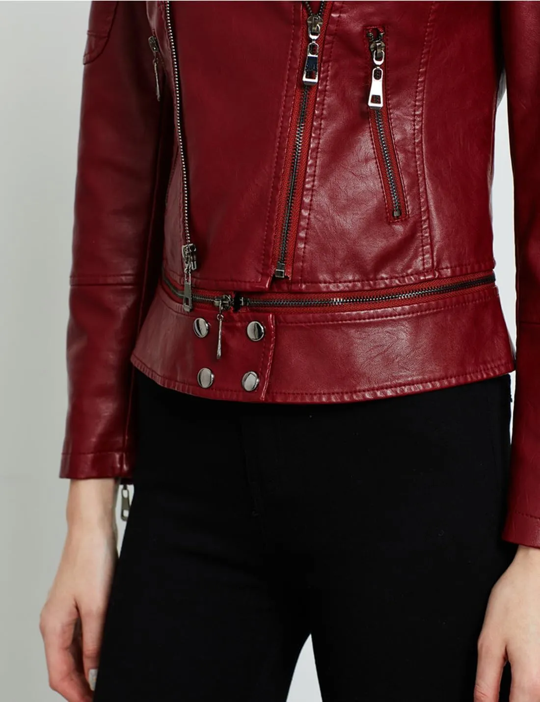 Women's Lapel Faux Leather Short Slim-Fit Outerwear Moto Jacket Zip Up Biker Coat