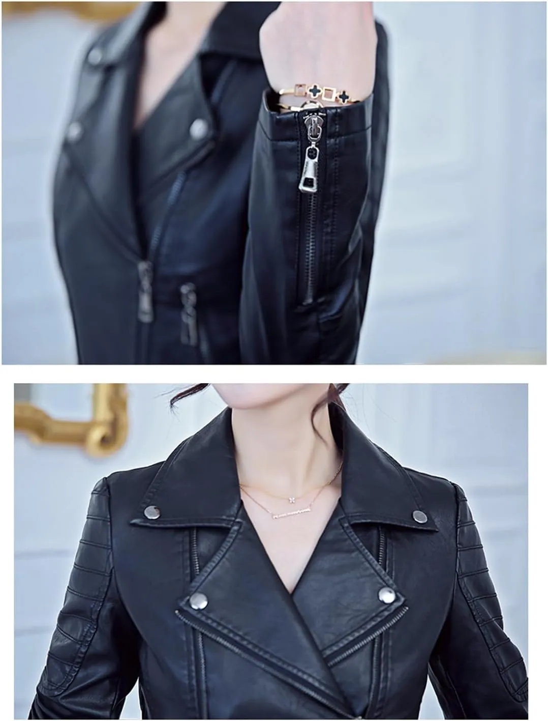 Women's Lapel Faux Leather Short Slim-Fit Outerwear Moto Jacket Zip Up Biker Coat