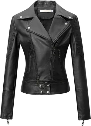 Women's Lapel Faux Leather Short Slim-Fit Outerwear Moto Jacket Zip Up Biker Coat