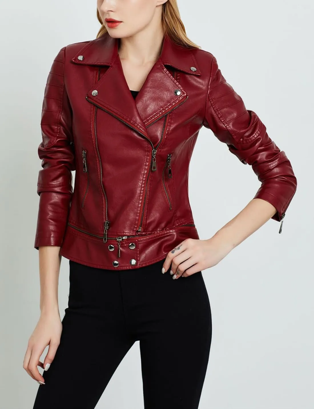 Women's Lapel Faux Leather Short Slim-Fit Outerwear Moto Jacket Zip Up Biker Coat