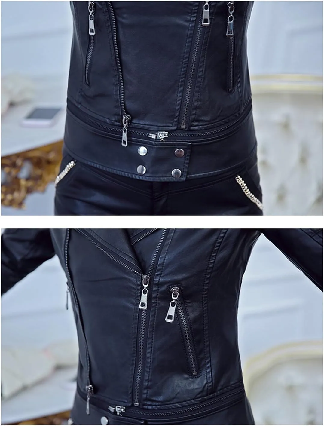 Women's Lapel Faux Leather Short Slim-Fit Outerwear Moto Jacket Zip Up Biker Coat