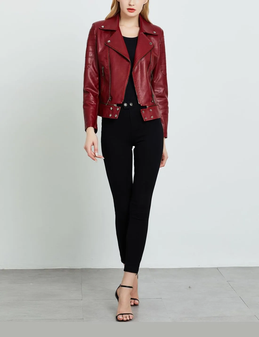Women's Lapel Faux Leather Short Slim-Fit Outerwear Moto Jacket Zip Up Biker Coat