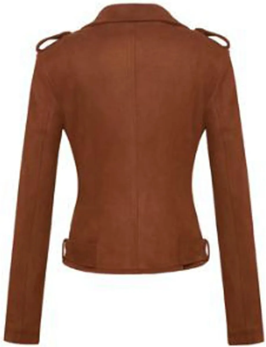 Women's Lapel Faux Suede Leather Short Slim-Fit Outerwear Moto Jacket Biker Coat