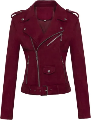 Women's Lapel Faux Suede Leather Short Slim-Fit Outerwear Moto Jacket Biker Coat