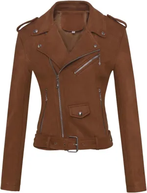 Women's Lapel Faux Suede Leather Short Slim-Fit Outerwear Moto Jacket Biker Coat