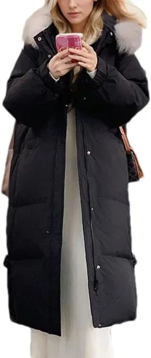 Women's Long Over-The-Knee Parkas Coats Thicken Vintage Plush Hooded Cotton-Padded Jacket