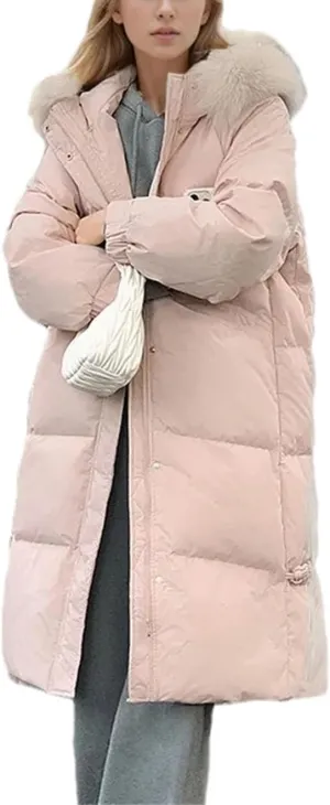 Women's Long Over-The-Knee Parkas Coats Thicken Vintage Plush Hooded Cotton-Padded Jacket