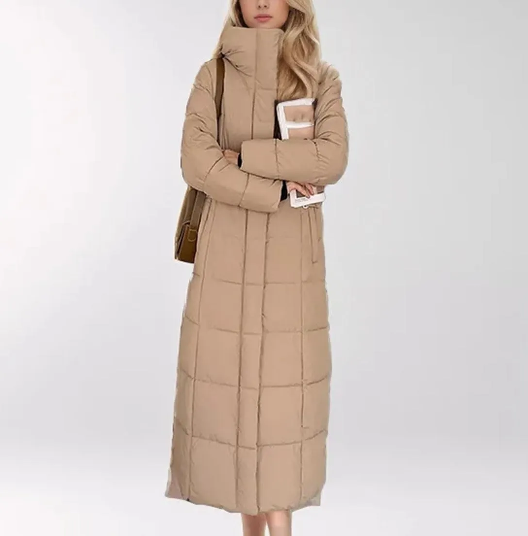 Women's Long Over-The-Knee Solid Parkas Coats Vintage Hooded Warm Cotton-Padded Jacket