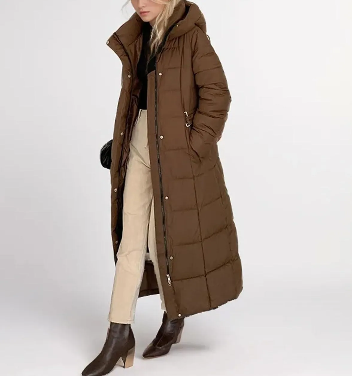 Women's Long Over-The-Knee Solid Parkas Coats Vintage Hooded Warm Cotton-Padded Jacket