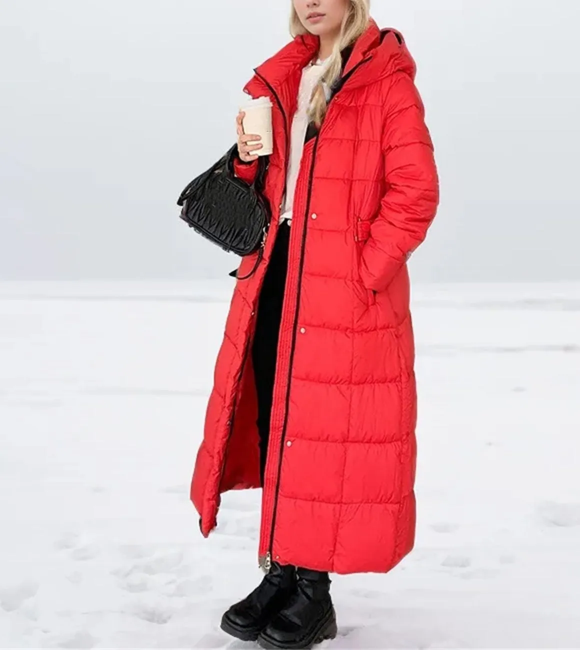 Women's Long Over-The-Knee Solid Parkas Coats Vintage Hooded Warm Cotton-Padded Jacket