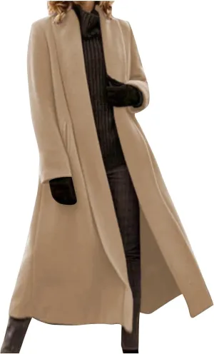 Womens Long Pea Coats Winter Warm Trench Coat Bussiness Casual Jackets Outerwear Solid Color Elegant Coats Fall