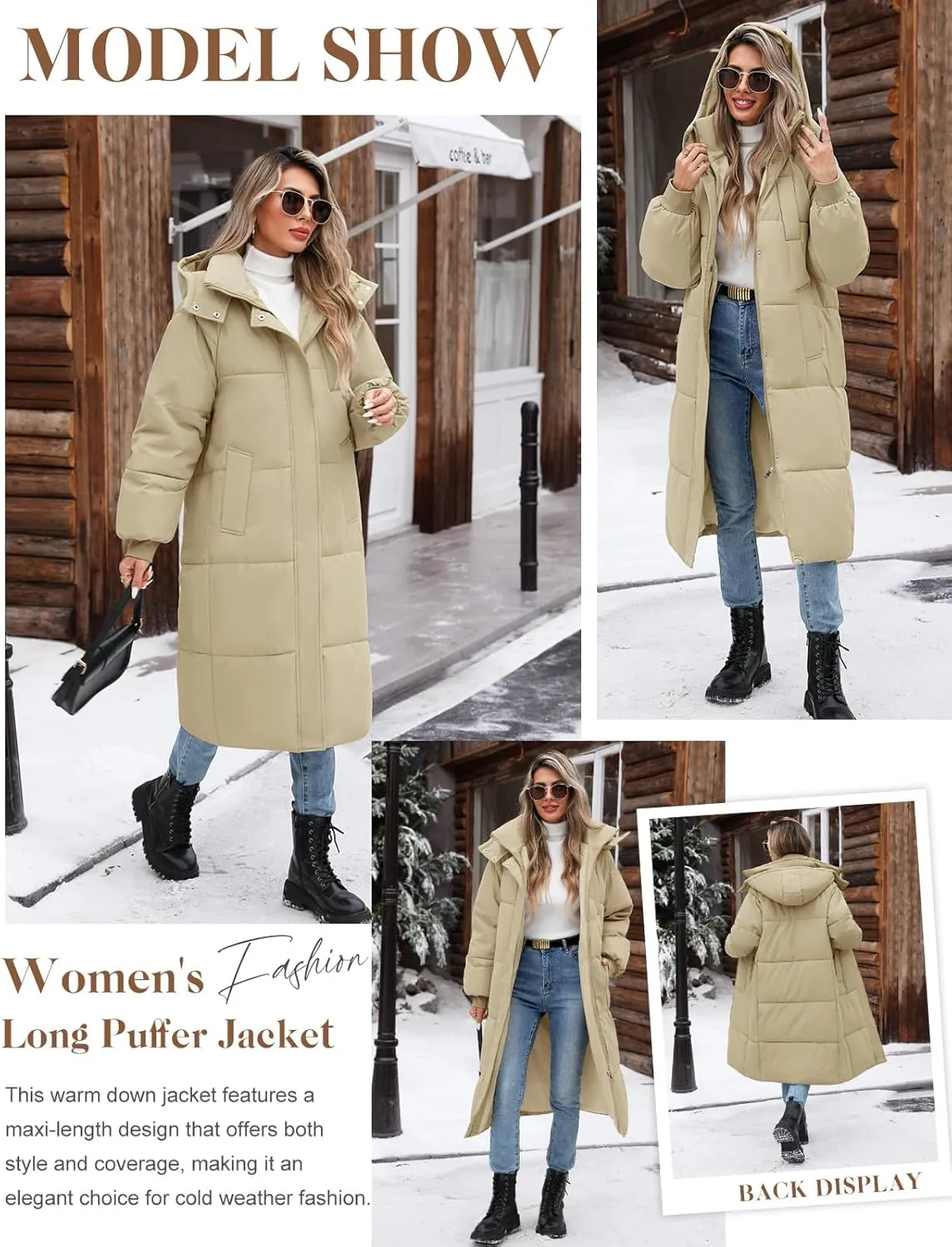 Women's Long Puffer Jacket Winter Thicken Warm Quilted Jacket Coat Fashion Hooded Zip Up Parka Outerwear with Pockets