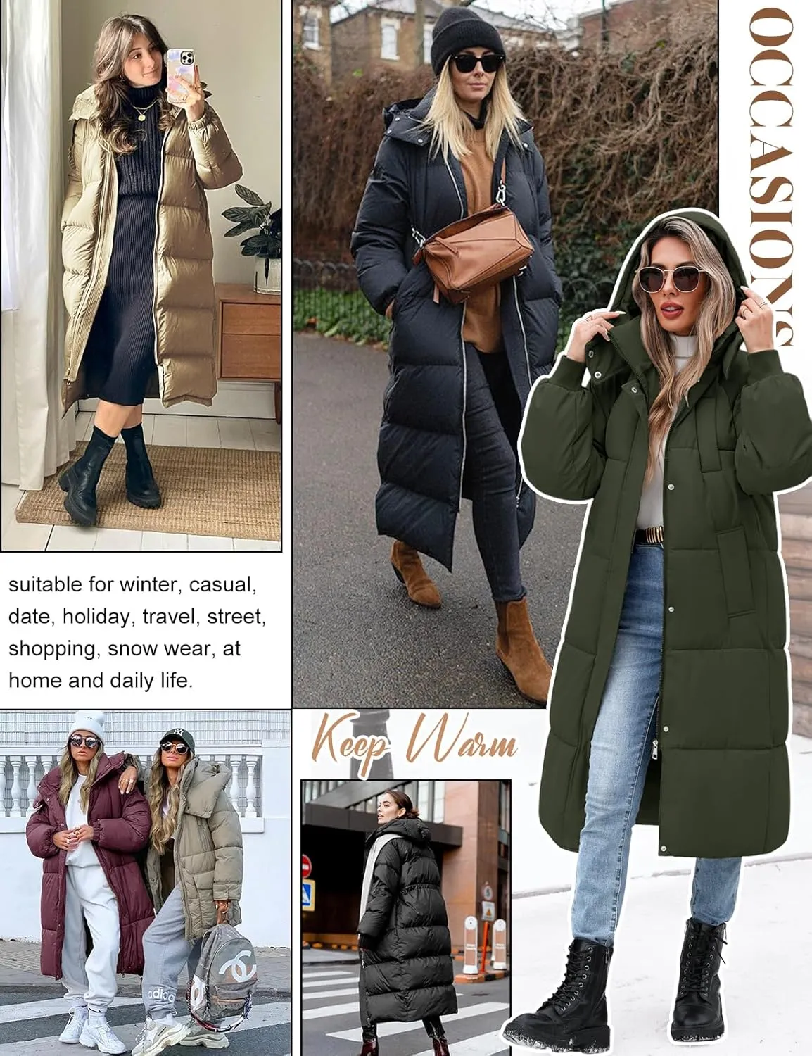 Women's Long Puffer Jacket Winter Thicken Warm Quilted Jacket Coat Fashion Hooded Zip Up Parka Outerwear with Pockets