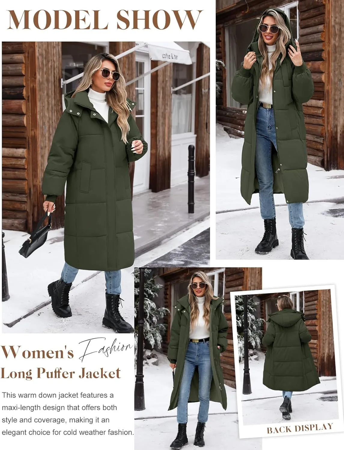 Women's Long Puffer Jacket Winter Thicken Warm Quilted Jacket Coat Fashion Hooded Zip Up Parka Outerwear with Pockets