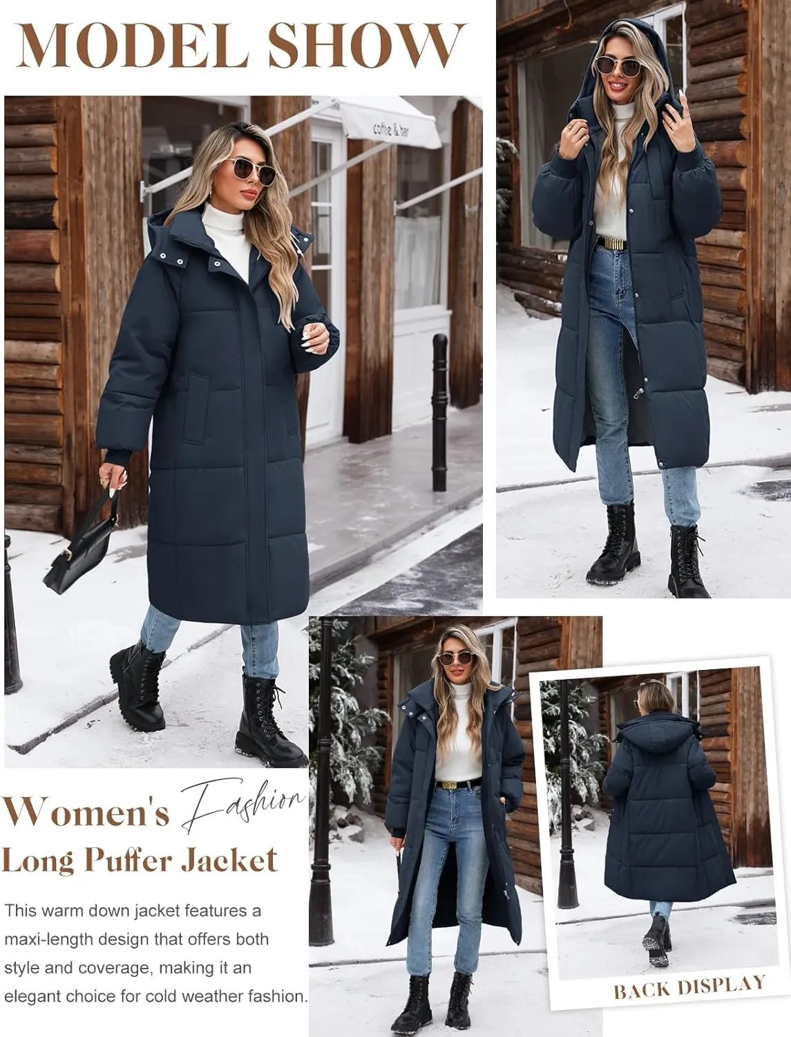 Women's Long Puffer Jacket Winter Thicken Warm Quilted Jacket Coat Fashion Hooded Zip Up Parka Outerwear with Pockets