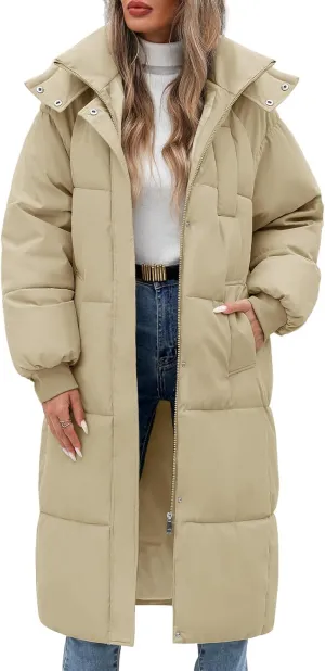 Women's Long Puffer Jacket Winter Thicken Warm Quilted Jacket Coat Fashion Hooded Zip Up Parka Outerwear with Pockets