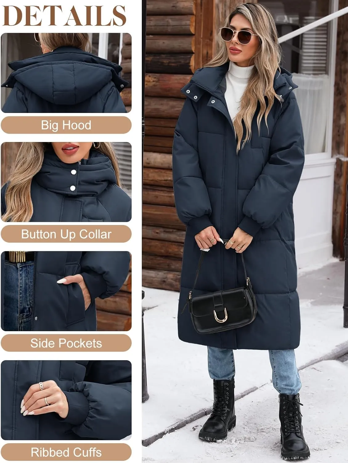 Women's Long Puffer Jacket Winter Thicken Warm Quilted Jacket Coat Fashion Hooded Zip Up Parka Outerwear with Pockets