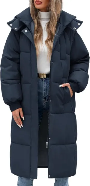 Women's Long Puffer Jacket Winter Thicken Warm Quilted Jacket Coat Fashion Hooded Zip Up Parka Outerwear with Pockets