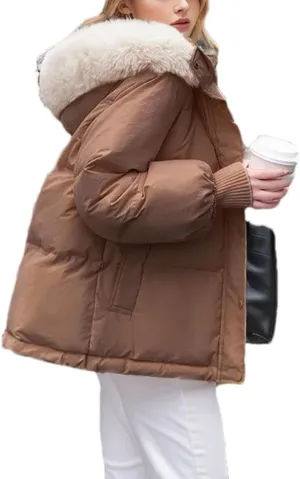 Women's Long Sleeve Zipper Short Parkas Coats Vintage Hooded Stand Collar Cotton-Padded Jacket
