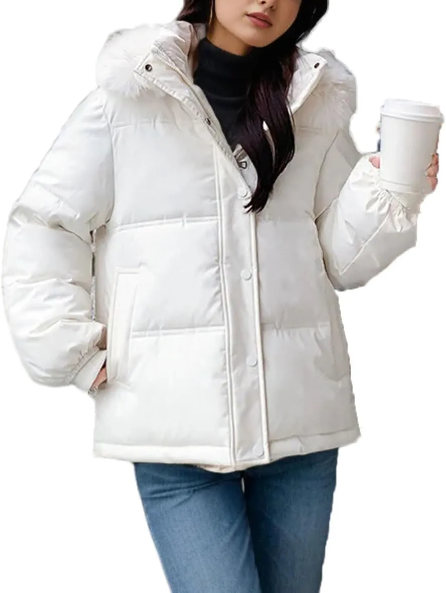 Women's Long Sleeve Zipper Short Parkas Coats Vintage Hooded Stand Collar Cotton-Padded Jacket