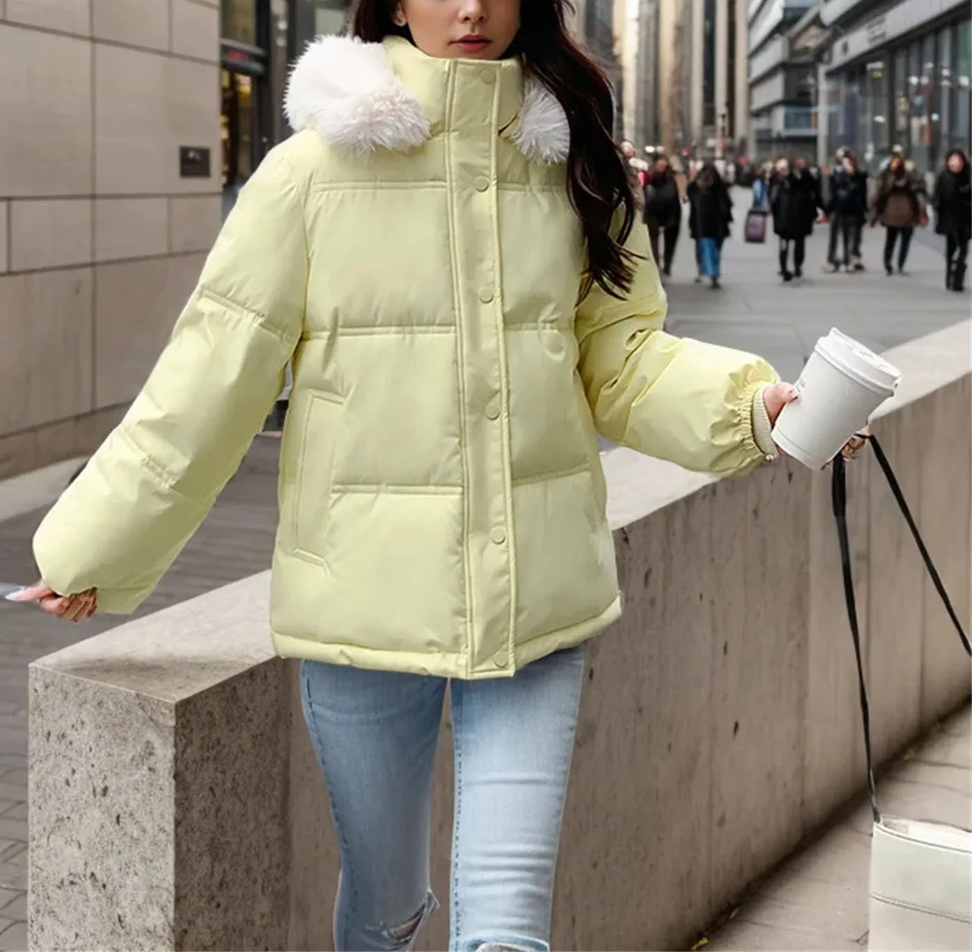 Women's Long Sleeve Zipper Short Parkas Coats Vintage Hooded Stand Collar Cotton-Padded Jacket