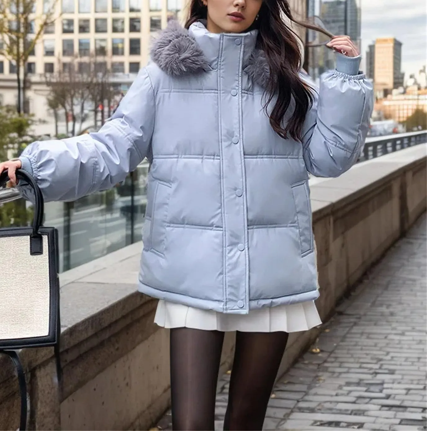 Women's Long Sleeve Zipper Short Parkas Coats Vintage Hooded Stand Collar Cotton-Padded Jacket