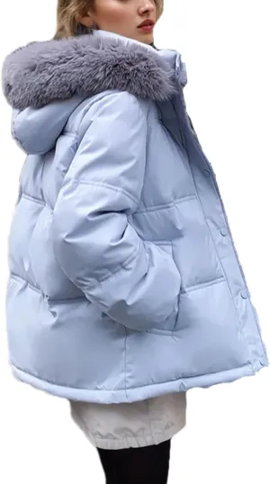 Women's Long Sleeve Zipper Short Parkas Coats Vintage Hooded Stand Collar Cotton-Padded Jacket