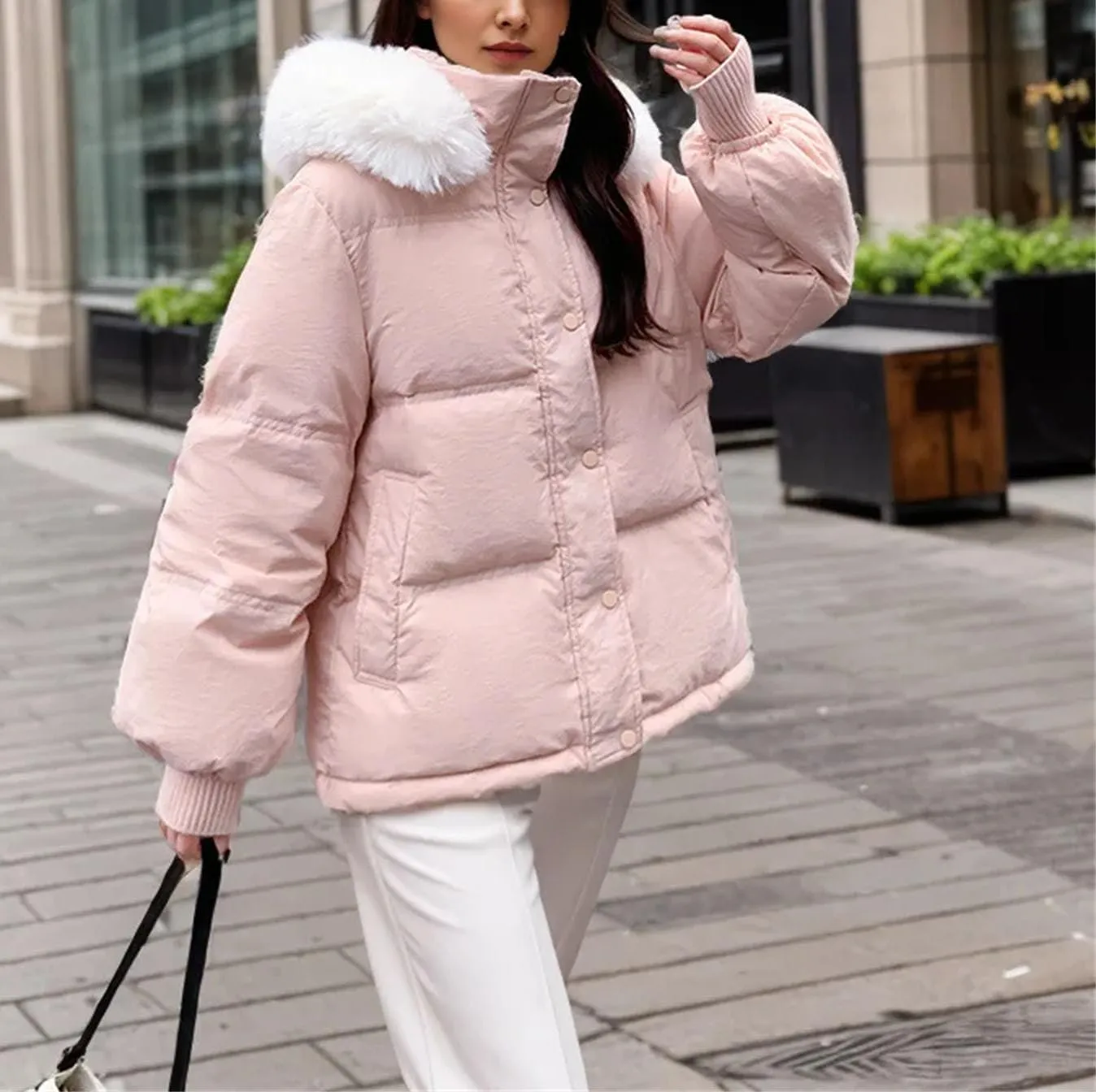 Women's Long Sleeve Zipper Short Parkas Coats Vintage Hooded Stand Collar Cotton-Padded Jacket