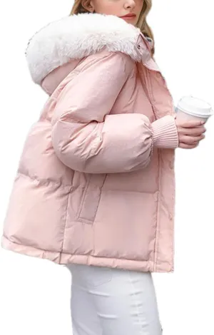 Women's Long Sleeve Zipper Short Parkas Coats Vintage Hooded Stand Collar Cotton-Padded Jacket