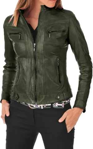 Women's Olive Green Jacket 100% Genuine Lambskin Leather Motorcycle Biker Jacket