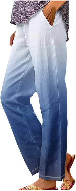 Womens Ombre Color Pants Trendy 2024 Elastic High Waist Straight Leg Pant Loose Casual Summer Aesthetic Beach Trouser