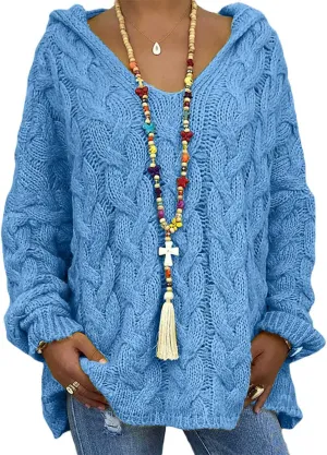 Women's Oversized Solid Color V-Neck Chunky Cable Knit Pullover Hooded Sweaters Winter Casual Loose Color Hoodie
