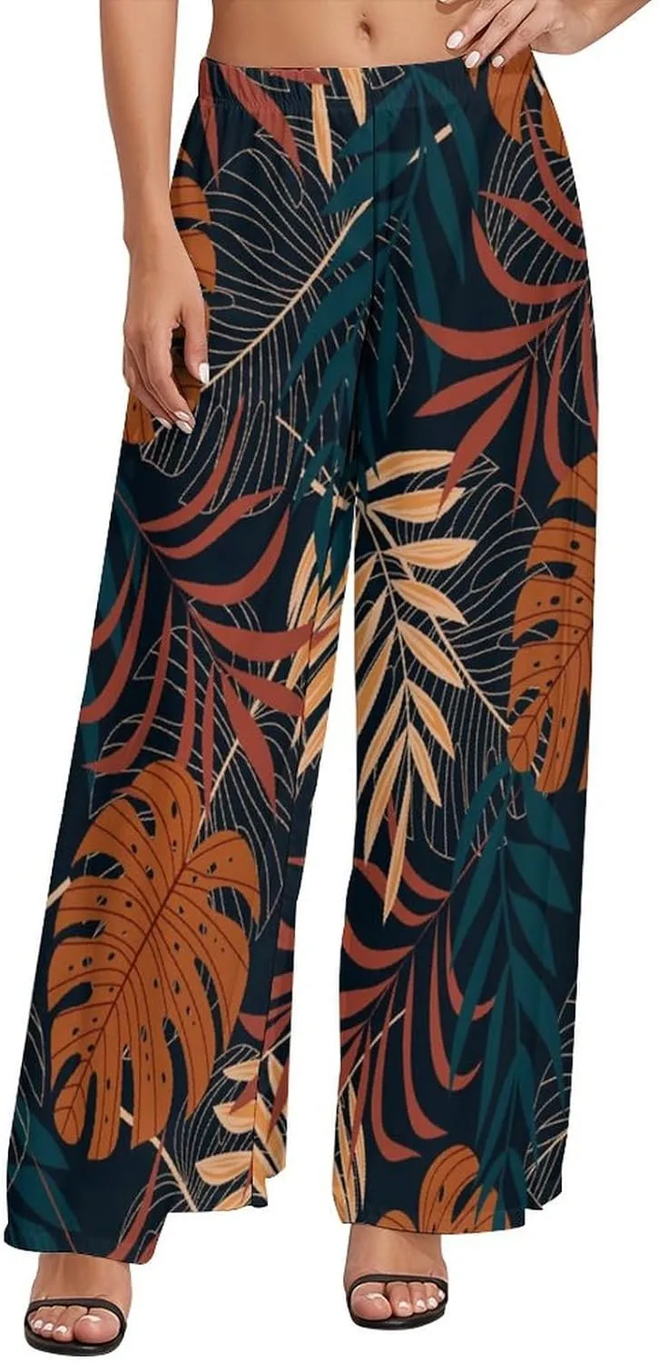 Womens Pants Elastic High Waist Watercolor Tropical Leaf Palazzo Pants Casual Wide Leg Lounge Pants for Women