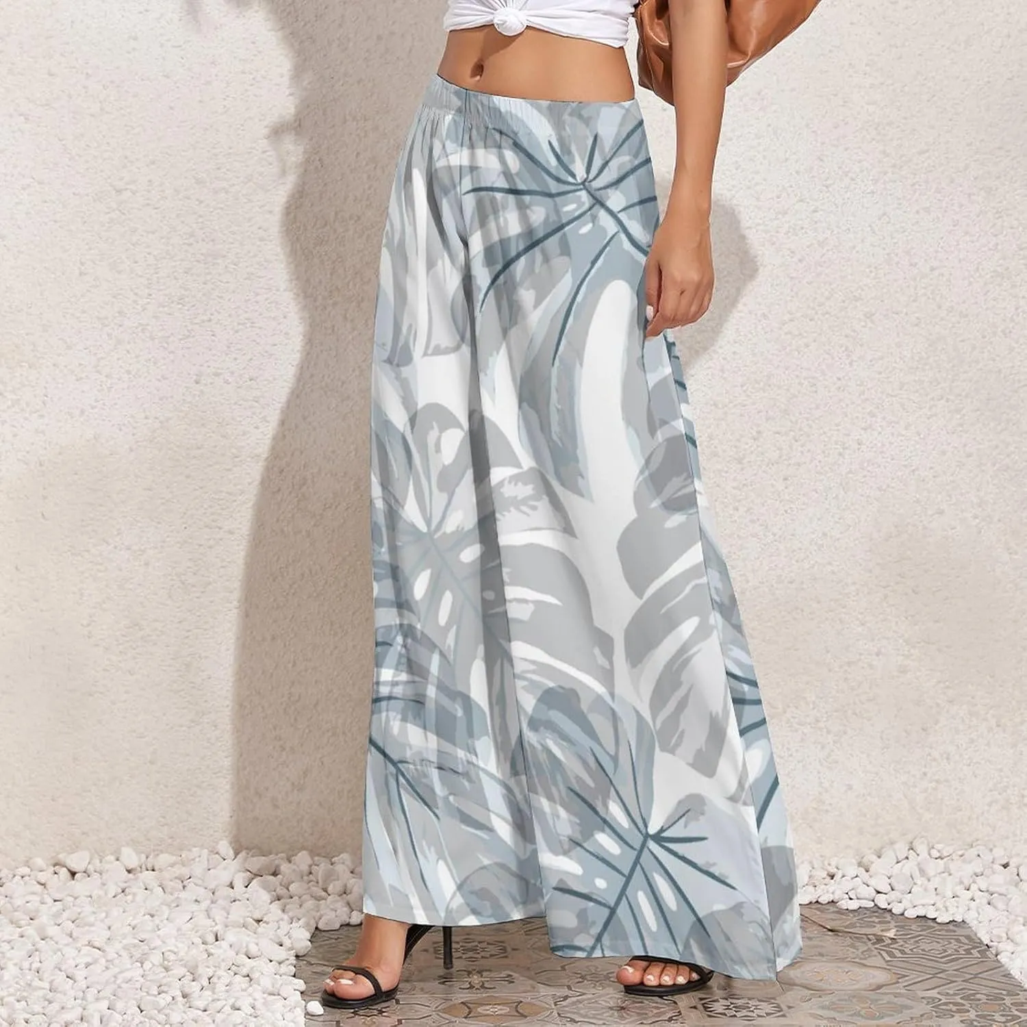 Womens Pants Elastic High Waist Watercolor Tropical Leaf Palazzo Pants Casual Wide Leg Lounge Pants for Women