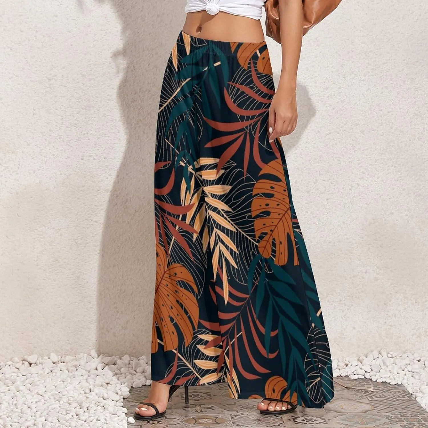 Womens Pants Elastic High Waist Watercolor Tropical Leaf Palazzo Pants Casual Wide Leg Lounge Pants for Women