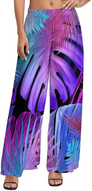 Womens Pants Elastic High Waist Watercolor Tropical Leaf Palazzo Pants Casual Wide Leg Lounge Pants for Women
