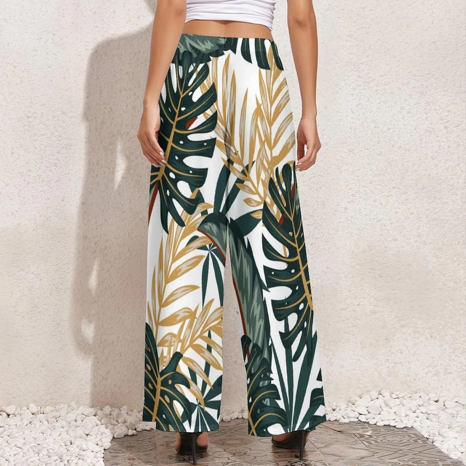 Womens Pants Elastic High Waist Watercolor Tropical Leaf Palazzo Pants Casual Wide Leg Lounge Pants for Women