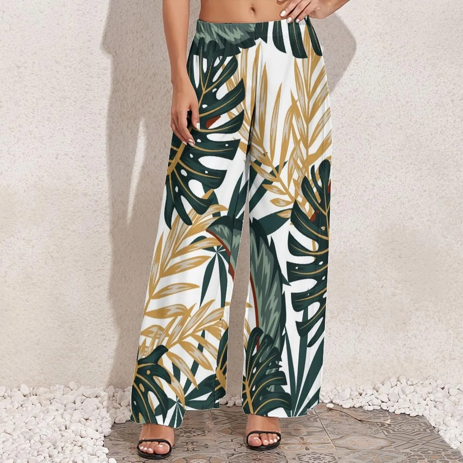 Womens Pants Elastic High Waist Watercolor Tropical Leaf Palazzo Pants Casual Wide Leg Lounge Pants for Women