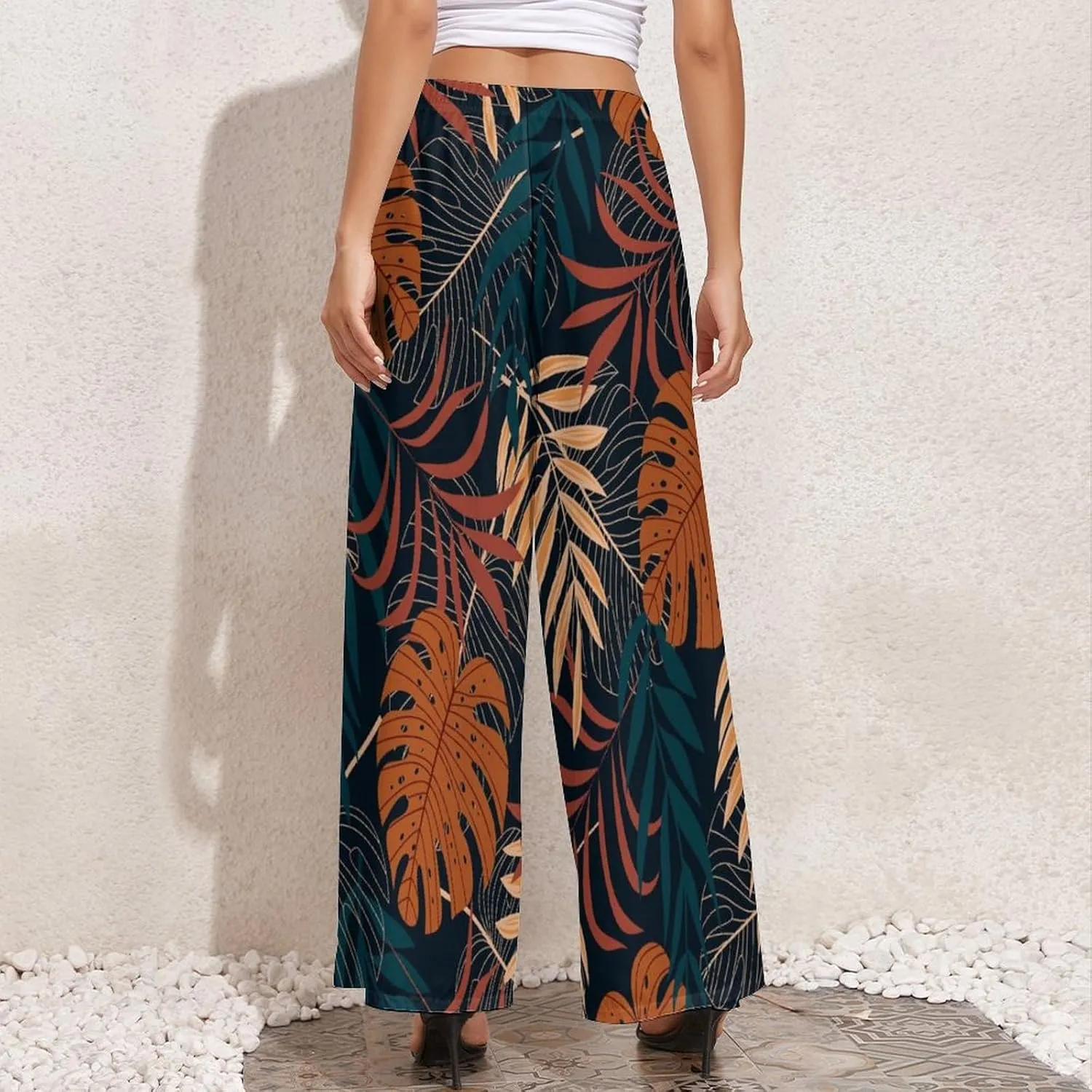 Womens Pants Elastic High Waist Watercolor Tropical Leaf Palazzo Pants Casual Wide Leg Lounge Pants for Women