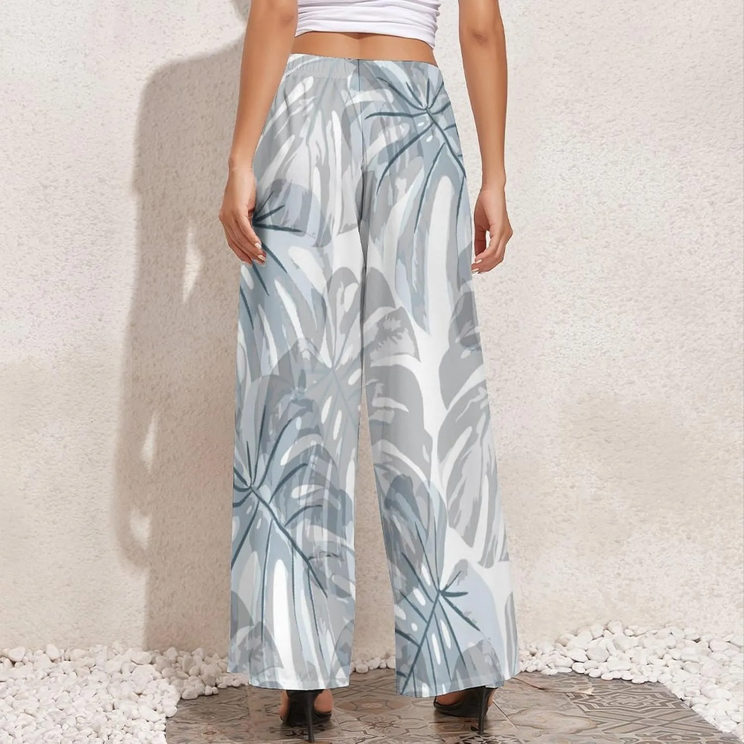 Womens Pants Elastic High Waist Watercolor Tropical Leaf Palazzo Pants Casual Wide Leg Lounge Pants for Women