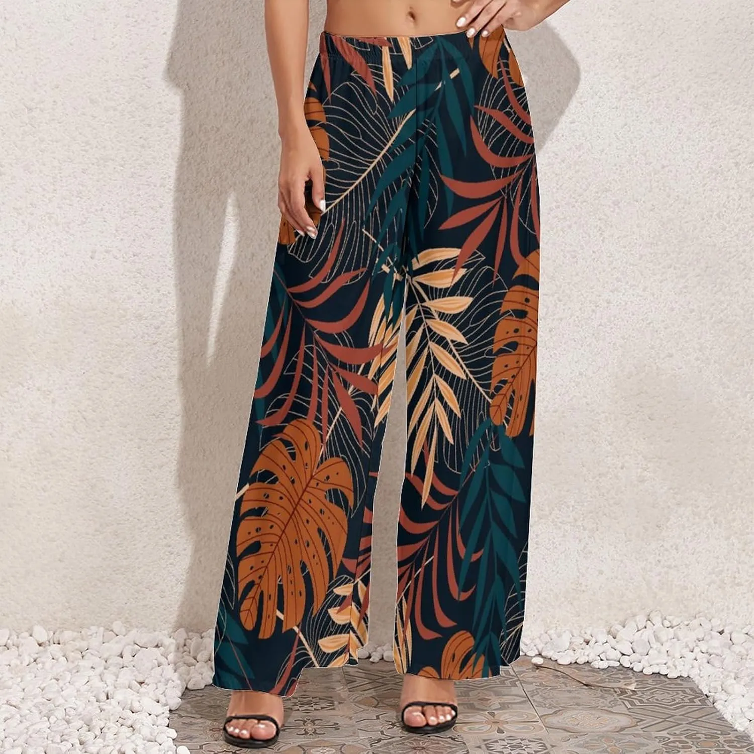 Womens Pants Elastic High Waist Watercolor Tropical Leaf Palazzo Pants Casual Wide Leg Lounge Pants for Women