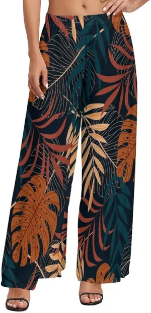 Womens Pants Elastic High Waist Watercolor Tropical Leaf Palazzo Pants Casual Wide Leg Lounge Pants for Women