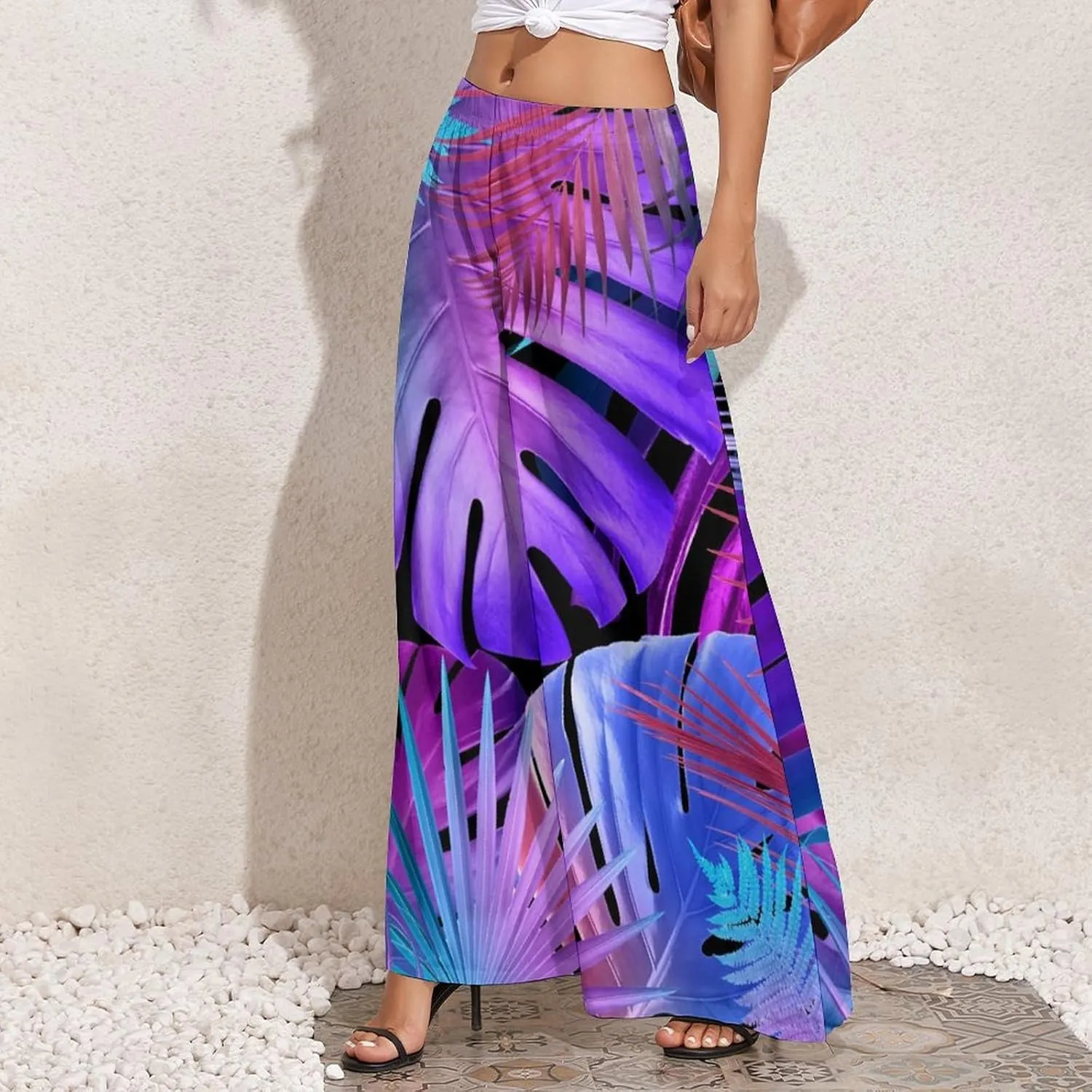 Womens Pants Elastic High Waist Watercolor Tropical Leaf Palazzo Pants Casual Wide Leg Lounge Pants for Women