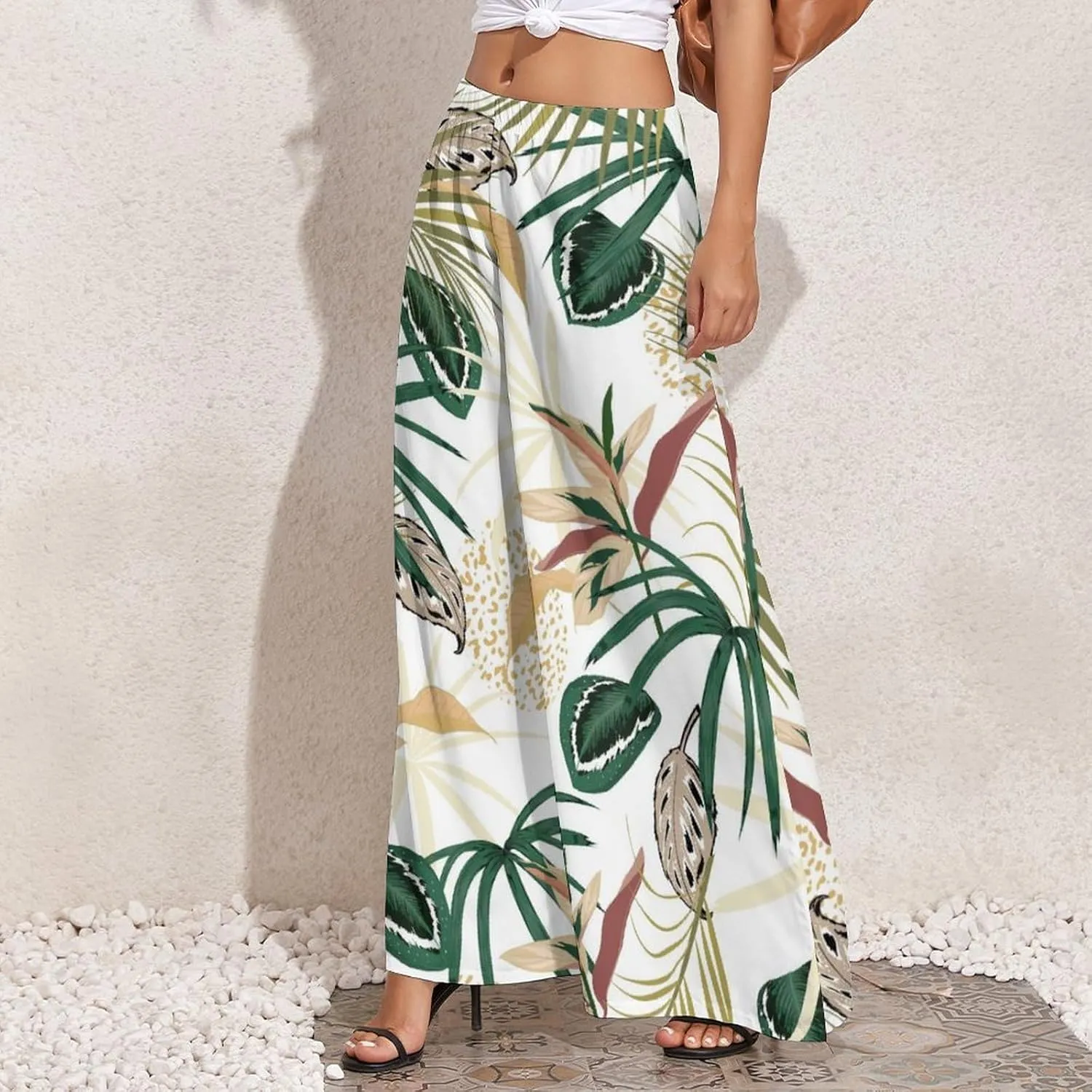 Womens Pants Elastic High Waist Watercolor Tropical Leaf Palazzo Pants Casual Wide Leg Lounge Pants for Women