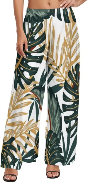 Womens Pants Elastic High Waist Watercolor Tropical Leaf Palazzo Pants Casual Wide Leg Lounge Pants for Women