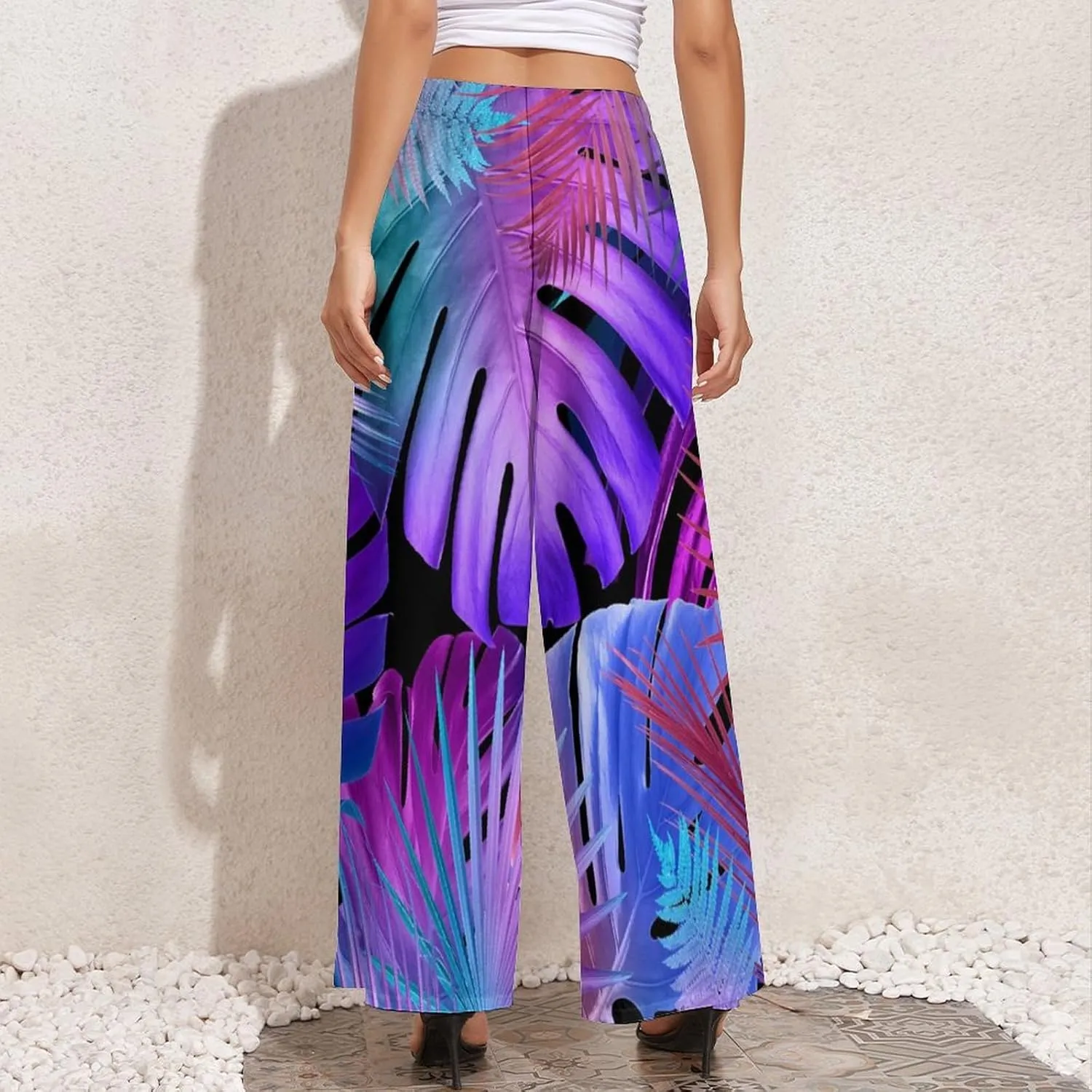 Womens Pants Elastic High Waist Watercolor Tropical Leaf Palazzo Pants Casual Wide Leg Lounge Pants for Women