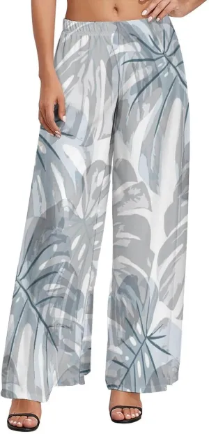 Womens Pants Elastic High Waist Watercolor Tropical Leaf Palazzo Pants Casual Wide Leg Lounge Pants for Women